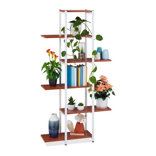 6-shelf flower stand metal frame plant holder white-brown flower shelf