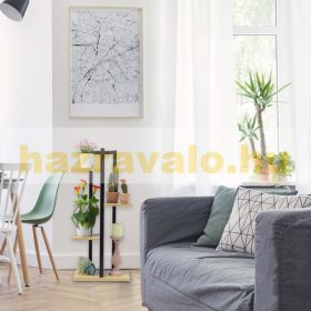   Beltéri növénytartó állvány fekete-natúr virágállvány 4 polcos viráglépcső