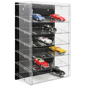   Modellautó vitrin, polc bemutató szekrény átlátszó akril 1:24 méretarányú modellekhez döntött polcokkal fekete hátlappal