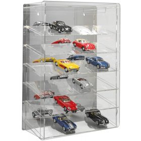   Modellautó vitrin, polc bemutató szekrény átlátszó akril 1:24 méretarányú modellekhez döntött polcokkal tükrös hátlappal