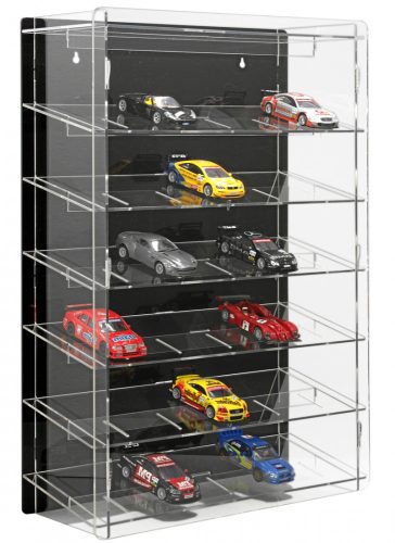 Model car showcase, shelf display cabinet transparent acrylic for 1:32 scale models with tilted shelves with black back