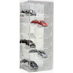   Modellautó vitrin, polc bemutató szekrény átlátszó akril torony 1:43 méretarányú modellekhez döntött polcokkal tükrös hátlappal