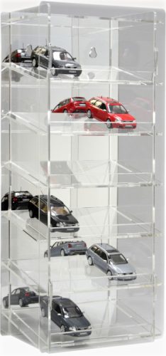Model car showcase, shelf display cabinet transparent acrylic tower for 1:43 scale models with tilted shelves with mirrored back