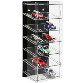   Modellautó vitrin, polc bemutató szekrény átlátszó akril torony 1:43 méretarányú modellekhez döntött polcokkal fekete hátlappal 