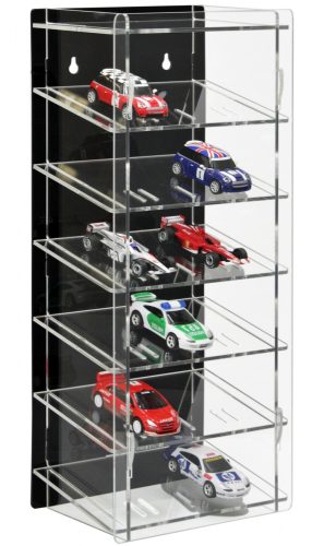 Model car showcase, shelf display cabinet transparent acrylic tower for 1:43 scale models with tilted shelves with black back 