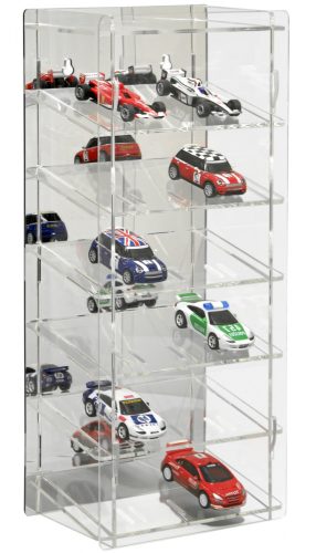 Model car showcase, shelf display cabinet transparent acrylic tower for 1:43 scale models with tilted shelves with mirrored back 