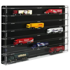   Modellautó teherautó vitrin, polc bemutató szekrény átlátszó akril 1:87 méretarányú modellekhez 74,5x7x50 cm fekete hátlap