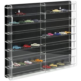   Modellautó vitrin, polc bemutató szekrény átlátszó akril 1:87 méretarányú modellekhez 50x7x46 cm fekete hátlappal 