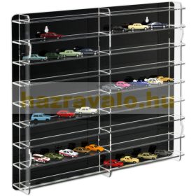   Modellautó vitrin, polc bemutató szekrény átlátszó akril 1:87 méretarányú modellekhez 50x7x46 cm fekete hátlappal 