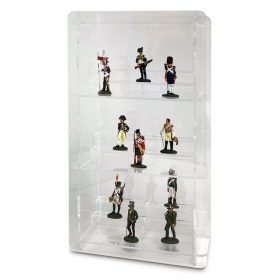   Figura, ólomkatona, bábutartó vitrin átlátszó akril átlátszó hátlappal állványokkal 