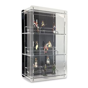   Figura, ólomkatona, bábutartó vitrin átlátszó akril fekete hátlappal állványokkal 
