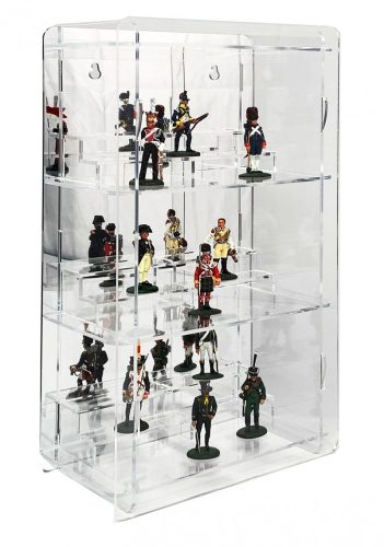 Figure, lead soldier, doll display case with transparent acrylic mirror back with stands 