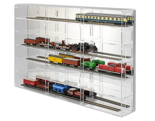 Model railway showcase, shelf display cabinet transparent acrylic for H0 scale models with transparent back, left side open