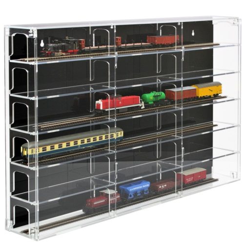 Model railway showcase, shelf presentation cabinet transparent acrylic for H0 scale models with black back, open on the right