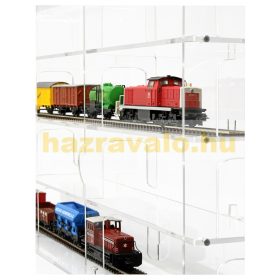   Modellvasút vitrin, polc bemutató szekrény átlátszó akril H0 méretarányú modellekhez átlátszó hátlappal