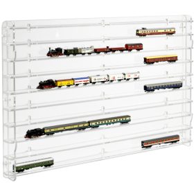   Modellvasút vitrin, polc bemutató szekrény átlátszó akril N méretarányú modellekhez átlátszó hátlappal