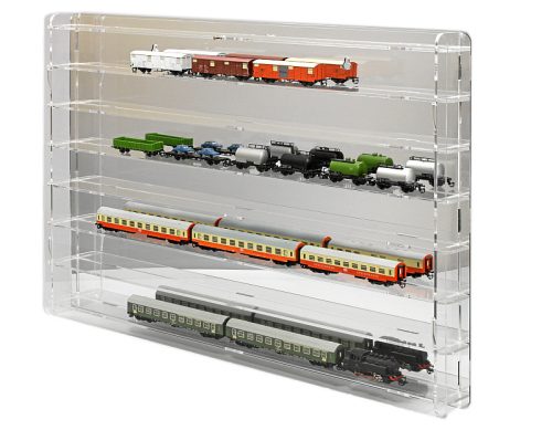 Model railway showcase, shelf display cabinet for transparent acrylic TT scale models with transparent back