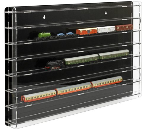 Model railway showcase, shelf display cabinet for transparent acrylic TT scale models with black back