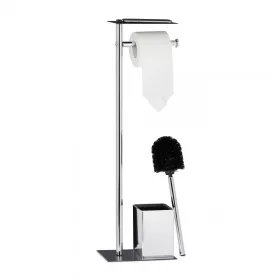   Álló WC kefe és WC papír tartó króm és fekete színben kis polccal 66,5 x 20 x 13,5 cm