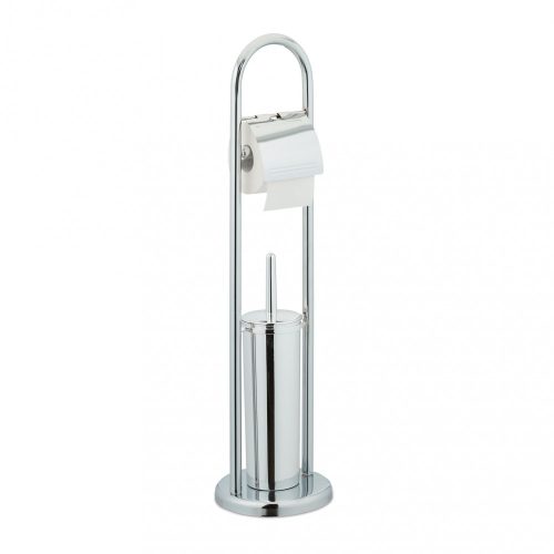 Standing toilet brush and toilet paper holder chrome 74x19 cm