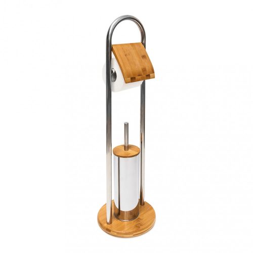 Standing toilet brush and toilet paper holder stainless steel and bamboo 