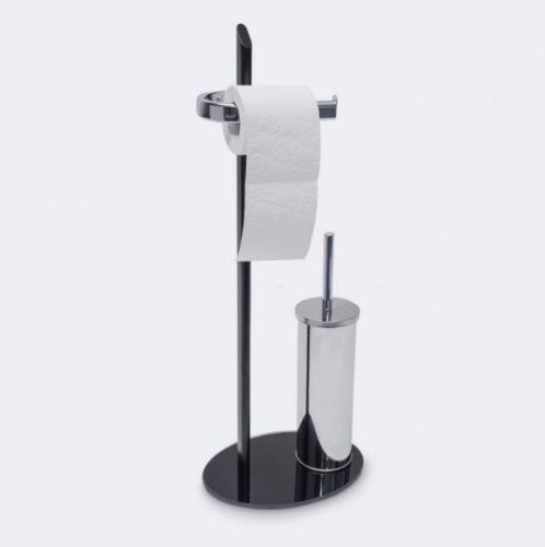 Modern WC kefe és WC papír tartó krómozott fém tekercs tartó, kefe állvány fekete üveg talp 70 x 28 