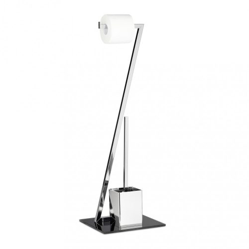 Modern toilet brush and toilet paper holder made of Z-shaped chromed metal, tempered black glass and plastic