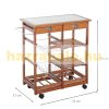 Serving cart on wheels, with basket drawer and wine rack, wood brown 74x37x76 cm