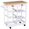 Serving cart on wheels, with basket drawer and wine rack, wood white 74x37x76 cm