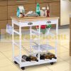 Serving cart on wheels, with basket drawer and wine rack, wood white 74x37x76 cm