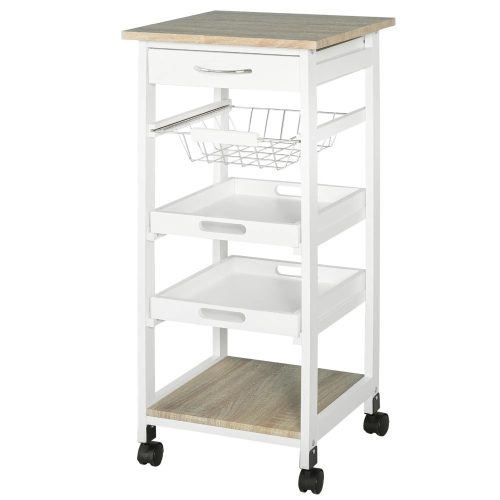 Kitchen cart, serving cart with drawer, removable tray pine white 37x37x82 cm