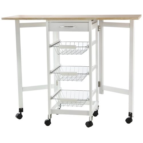 Collapsible serving cart on wheels, white with basket drawer