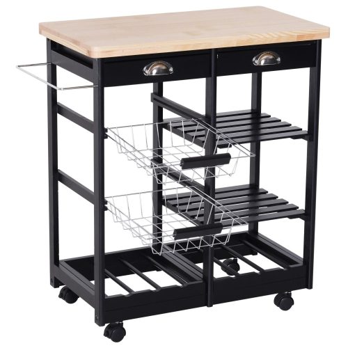 Serving cart on wheels, with basket drawer and wine rack, wood black 74x37x76 cm