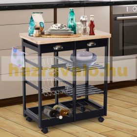   Zsúrkocsi gurulós tálalókocsi, kosaras fiókkal bortartóval fa fekete 74x37x76 cm