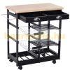 Serving cart on wheels, with basket drawer and wine rack, wood black 74x37x76 cm