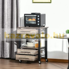   Rusztikus zsúrkocsi gurulós tálalókocsi 3 praktikus fiókkal és egy nyitott polccal szürke tölgy-fekete