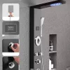 LED-es zuhanypanel 1345 mm fekete szálcsiszolt rozsdamentes acél zuhanyoszlop eső- és vízesés zuhannyal 5 testmasszázs fúvókával
