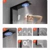 LED-es zuhanypanel 1345 mm fekete szálcsiszolt rozsdamentes acél zuhanyoszlop eső- és vízesés zuhannyal 5 testmasszázs fúvókával