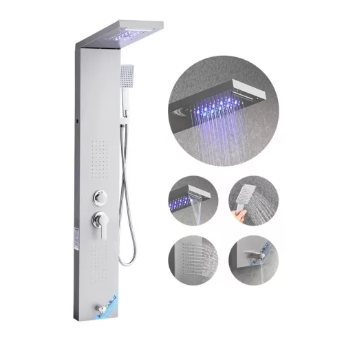 LED-es zuhanypanel 1345 mm szálcsiszolt rozsdamentes zuhanyoszlop eső- és vízesés zuhannyal testfúvókákkal