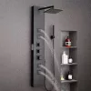 Termosztátos fekete zuhanypanel 124 cm szálcsiszolt rozsdamentes zuhanyoszlop esőztetővel 4 masszázsfúvókával