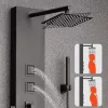 Termosztátos fekete zuhanypanel 124 cm szálcsiszolt rozsdamentes zuhanyoszlop esőztetővel 4 masszázsfúvókával