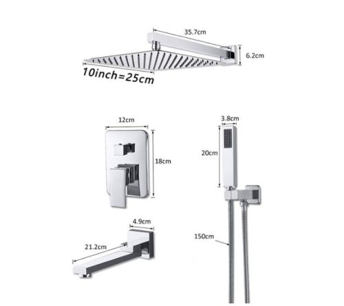 Fali zuhanyszett falba építhető csaptelep inox esőztetős zuhanyfej 25 cm, kézi zuhanyfejjel, forgat