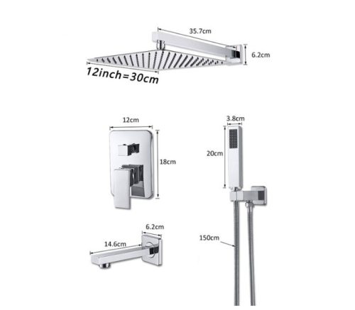 Wall-mounted shower set, built-in under-wall faucet, stainless steel sprinkler shower head 30 cm, with manual shower head, fixed bathtub filler faucet