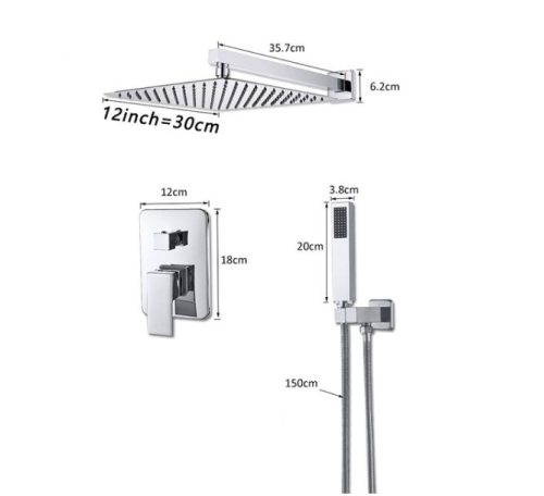 Wall-mounted shower set, built-in under-wall faucet with inox sprinkler shower head 30 cm and manual shower head