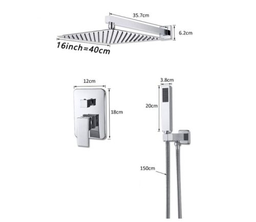 Wall-mounted shower set, built-in under-wall faucet with inox sprinkler shower head 40 cm and manual shower head