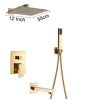 Wall-mounted shower set, built-in under-wall faucet, gold tub filler, sprinkler shower head, brass 25 cm, manual shower head with mixer tap