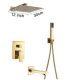 Wall-mounted shower set, built-in under-wall faucet, gold tub filler, sprinkler shower head, brass 25 cm, manual shower head with mixer tap